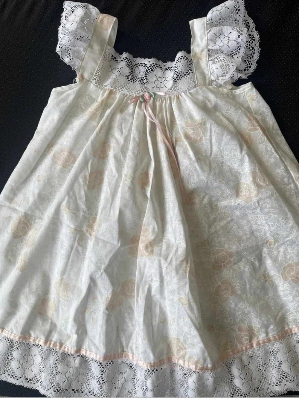 Girls Lace-Trim Casual Dress in Cream with Pink Accents made in USA